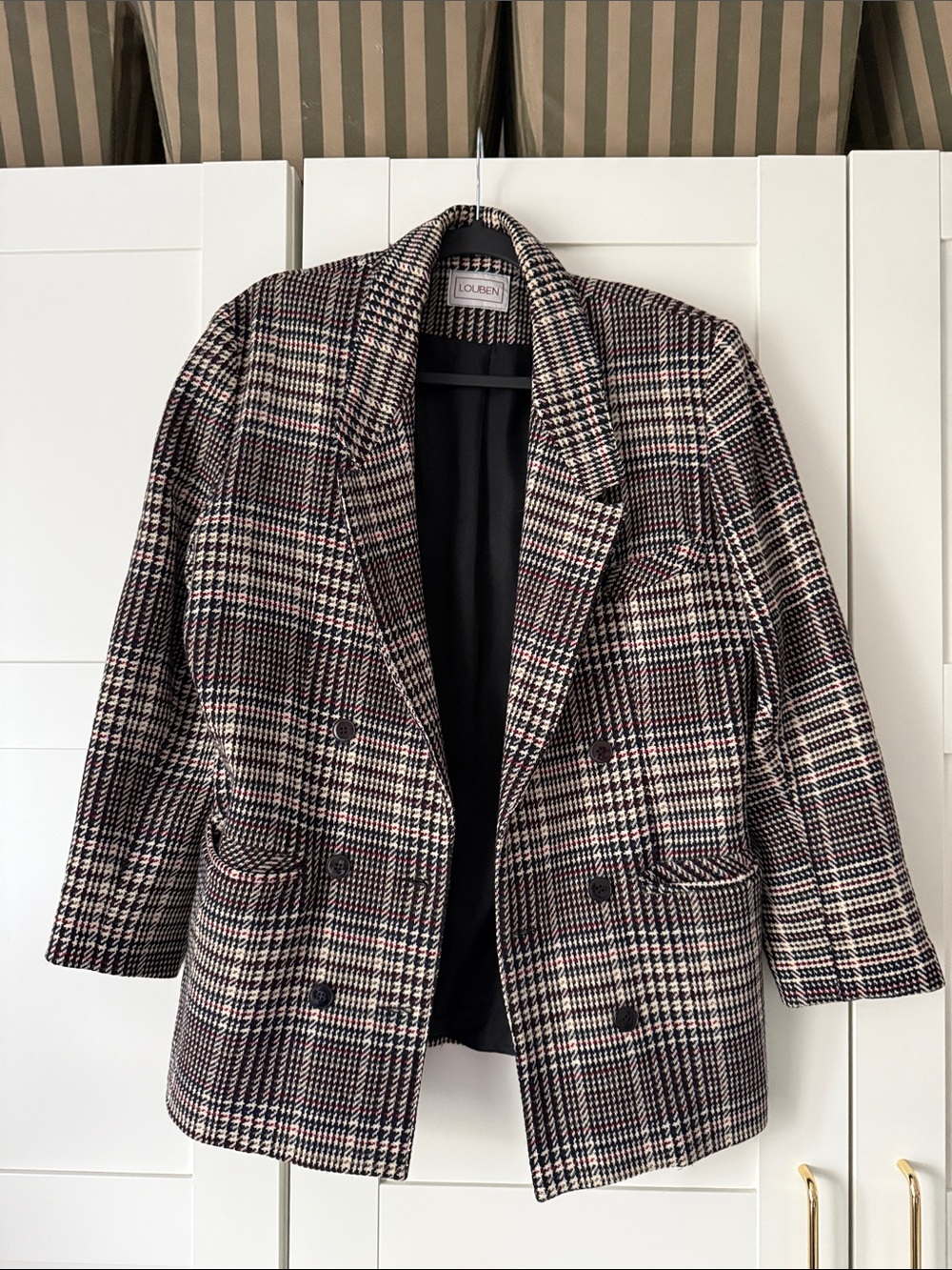 LOUBEN Plaid Double-Breasted Blazer in Black and Cream